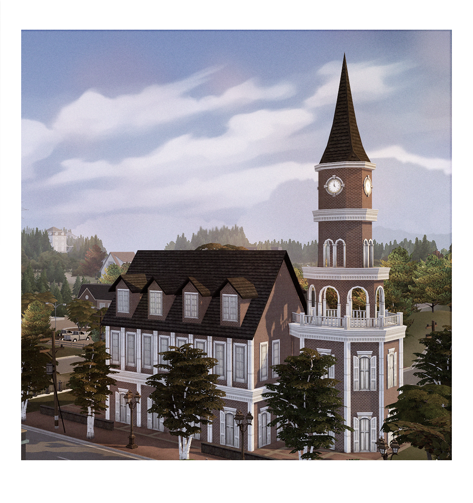 picture of a brick colonial style building with spire tower in a snapshot frame, from the sims 4