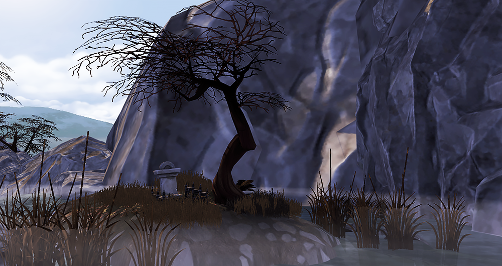 a small island with a gnarled tree and gravestone, shrouded in fog