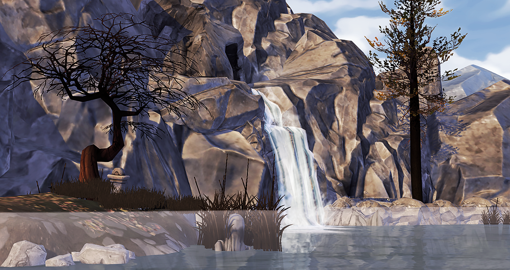 a gnarled tree hanging over a grave next to  waterfall